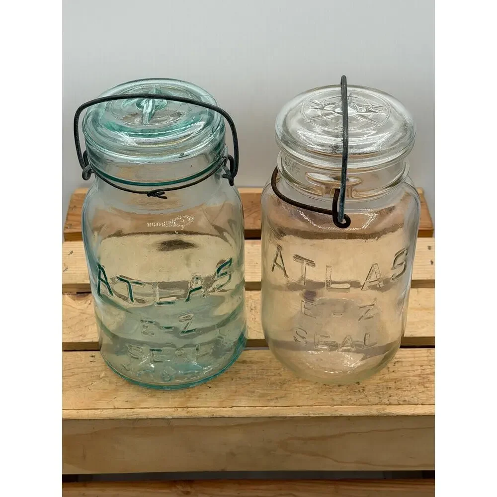 Vintage Atlas E-Z Seal Mason Jars - (Aqua & Clear) - Lot of 2